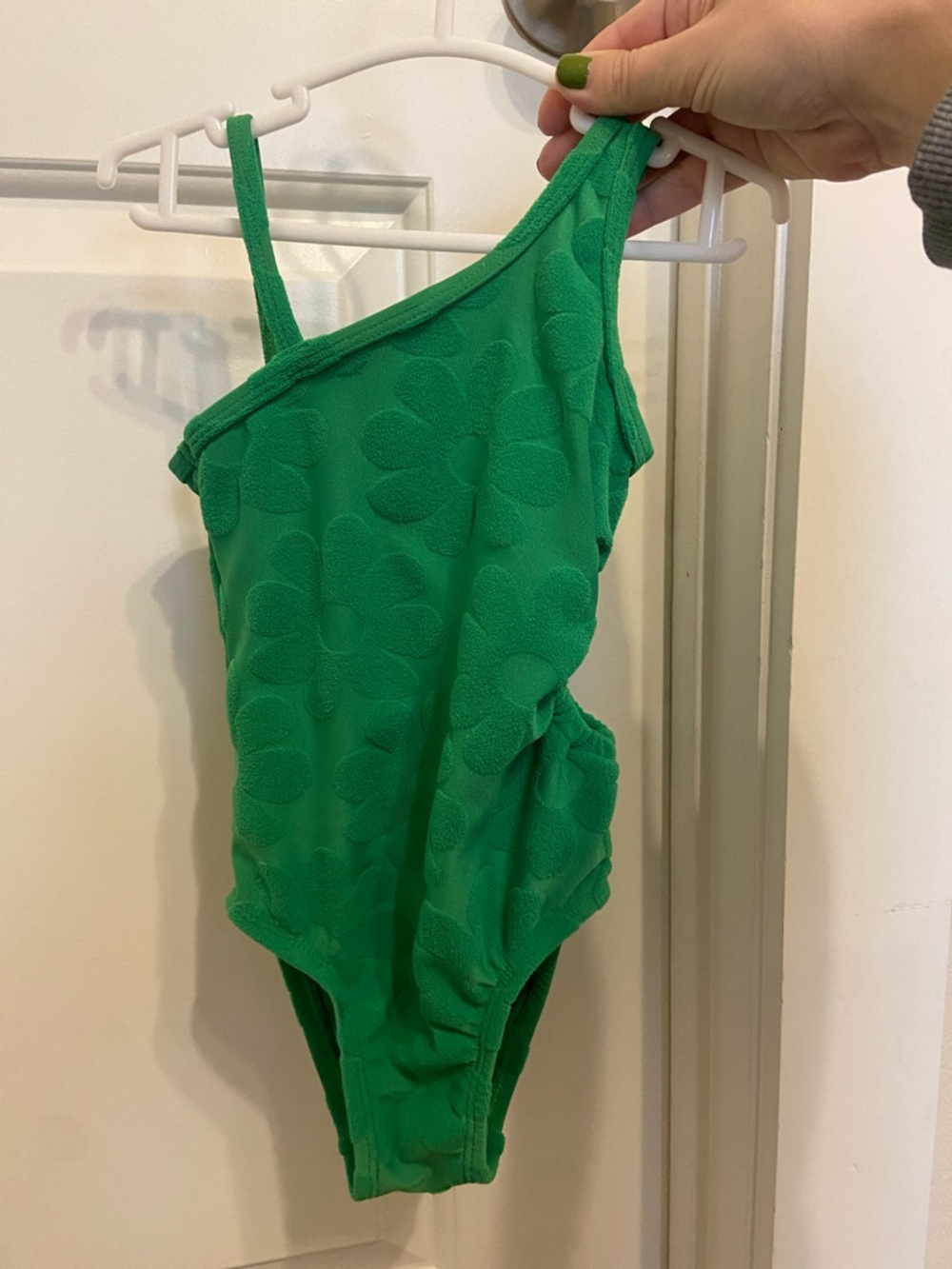 Old Navy Bright Green Floral-Texture One-Shoulder Kids One-Piece swim